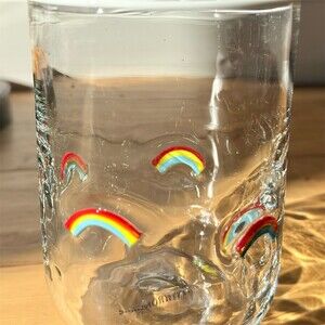 Anthropologie Tumbler Highball Glass Clear Rainbow Icons White Rim Thick